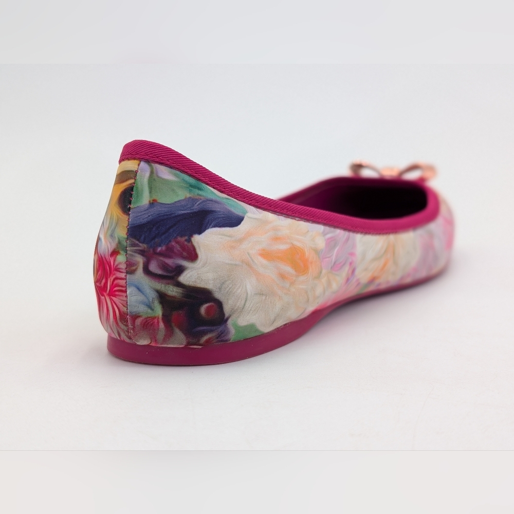 Ted Baker London IMME 2 Sz 9  Vibrant Floral Pink Ballet Flats Rosegold Bows - Picture 10 of 17